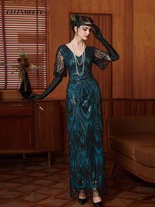 1920s Vintage Flapper Women's Party Maxi Dress, Deep Olive Green Ball Gown, Suitable For Parties, Weddings, Christmas, Halloween - Green - View 5