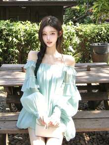 Autumn Women's Ruffle Trim Spaghetti Strap Dress, Cool & Elegant, Suitable For Summer - Cadet Blue - View 6