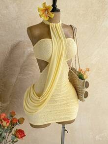 Vestido mini ajustado con envoltorio asimétrico y fluido, adecuado para citas, fiestas de jardín, fiestas del té, arreglos florales, estilo bohemio, vacaciones, vintage, para - Amarillo - Ver 1