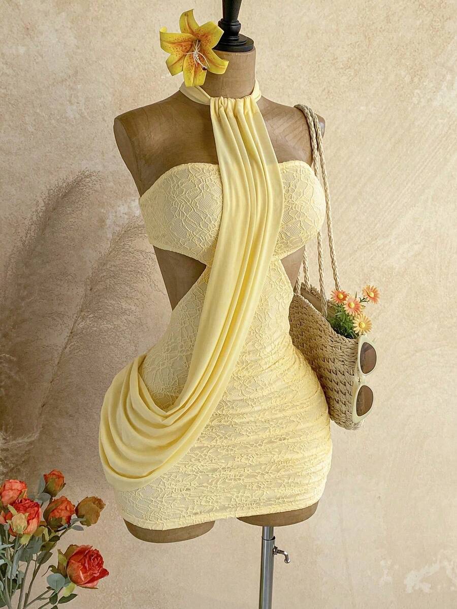 Vestido mini ajustado con envoltorio asimétrico y fluido, adecuado para citas, fiestas de jardín, fiestas del té, arreglos florales, estilo bohemio, vacaciones, vintage, para - Amarillo - Ver 1