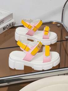 1 Pair New Summer Kids Thick Heel Sandals, Yellow & Pink Color Block Fashion Versatile, Metal Decor, Design Sense Double Hook & Loop, Simple Campus Sandals, Suitable For Daily Wear, School, Vacation Outfit - Pink - View 5