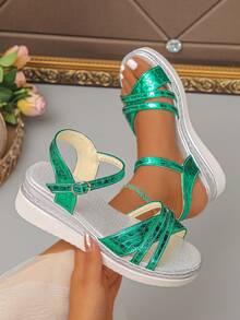 Women's Wedge Platform Sandals, Solid Color Beach Buckle Comfortable Height-Increasing Versatile Open Toe Summer Vacation Sandals - Green - View 7