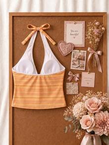 New Summer Fresh Sweet Cute Style Orange & Yellow Striped Halter Neck Bikini Set With Hipster Bottoms For Beach Vacation And Leisure - Multicolor - View 4