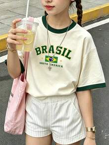 Mädchen Farbblock-Besatz Brasilien-Muster T-Shirt, atmungsaktives Kurzarm Lässig Weltmeisterschaft Fan Top - Aprikosenfarben - Übersicht 2