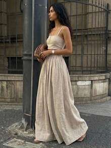 Zweiteiliges Damen-Set Aurelia mit trägerlosem Crop-Top und langem Rock, Webstoff - Beige - Übersicht 3