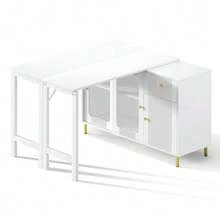 Moderner weißer Buffet-Sideboard mit klappbarer und ausziehbarer Tischplatte, drehbarer Oberfläche, goldenen Metallbeinen, Glasschiebetüren und Wellenmuster – Perfekt für Esszimmer und Küche - Weiss - Übersicht 9