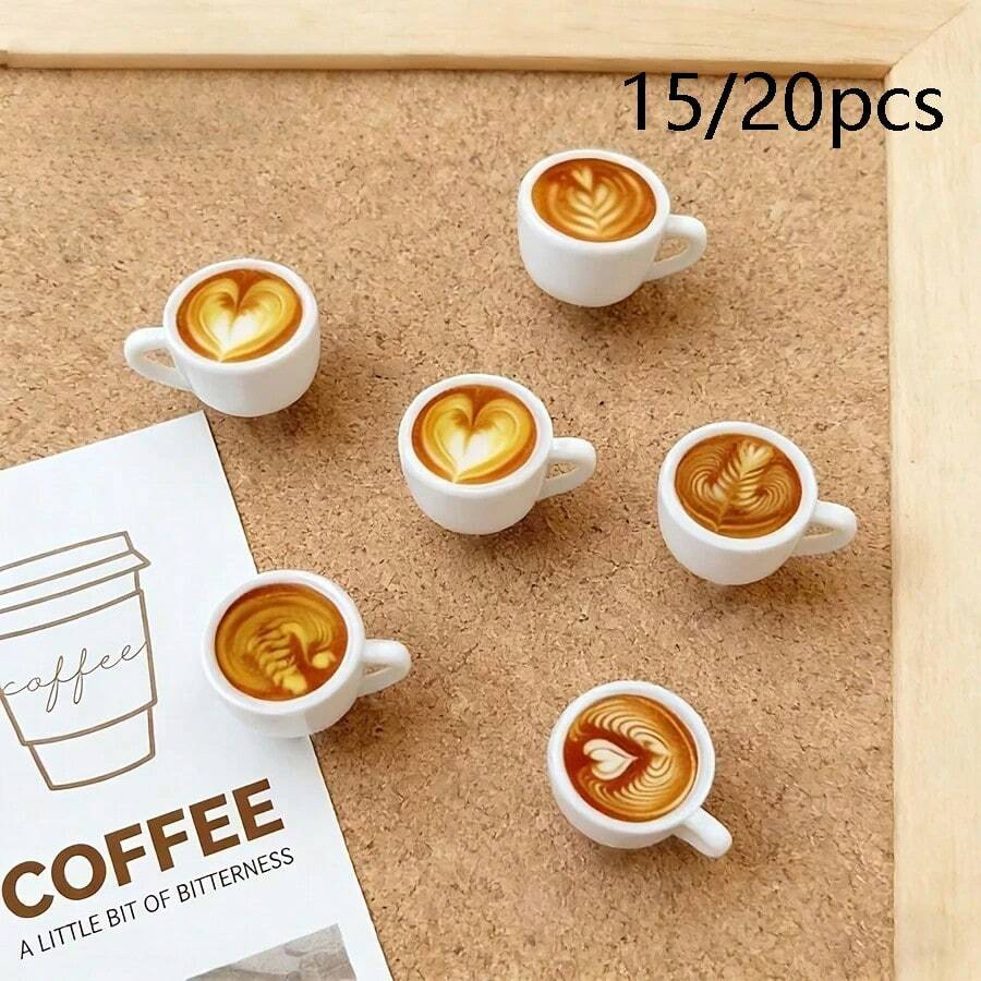 15/20pcs Coffee Cup Decorative Push Pins, Cute Latte Art Coffee Cup Shaped Thumb Tacks, Random Styles, For Bulletin Board, Desk Decor And Cork Board Accessories, Pins, Room Decor, Thumb Tacks - A - View 1