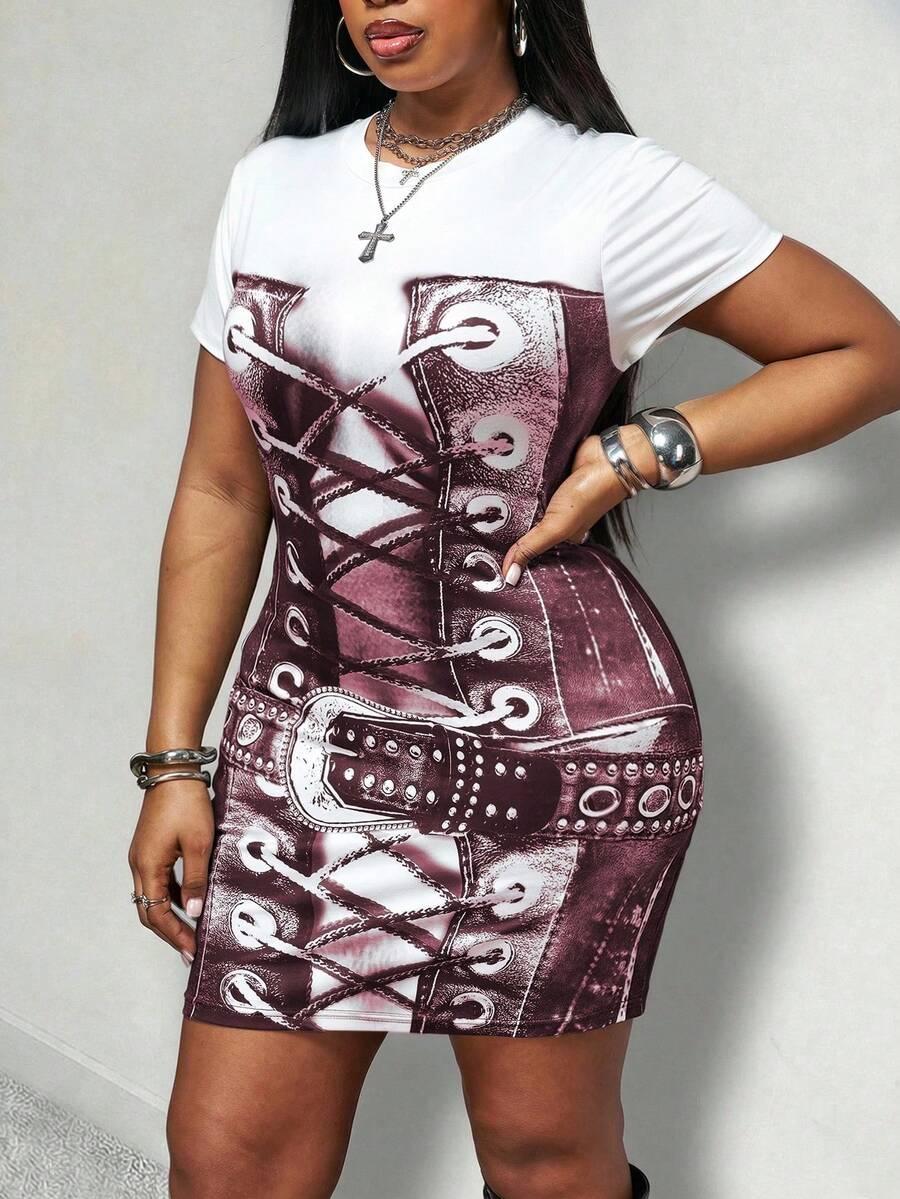 Vestido ajustado de cuello redondo con estampado de Body humano de moda de verano para tallas grandes - Burdeos - Ver 1
