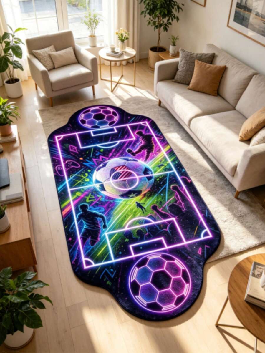 1pc Neon Football Field Shaped Rug, Decorative Carpet, Bedroom Decor, Floor Mat, Carpet, Home Decor, Living Room Rug, Living Room Small Rug, Bedroom Carpet, Living Room Home Decor, Outdoor Carpet, Washable Carpet - Multicolor 8 - View 1