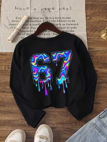 1pc Tween Boys Double-Sided Print Long Sleeve Top, Colorful Fluid Drip Paint Number 67 Front & Back Contrast Print, Crew Neck Loose Pullover, Spring/Autumn Children's Clothing - Black - View 2