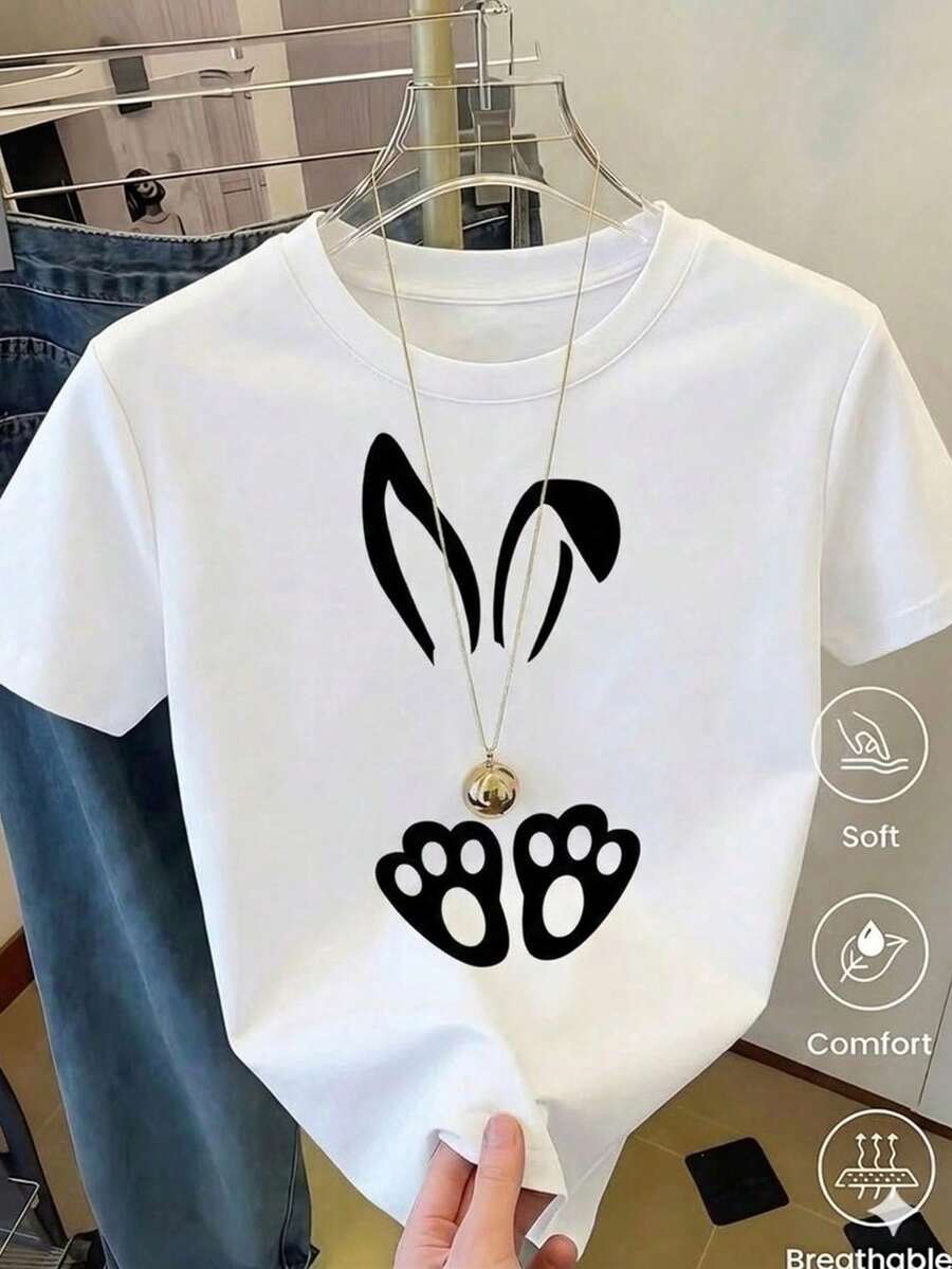 Women's White T-Shirt With Rabbit Ears And Paws In Leopard Print, Fashionable Animal Print T-Shirt, Casual Summer Blouse With Cute Bunny Design, Aesthetic And Fun Top - 白色 - 查看 1