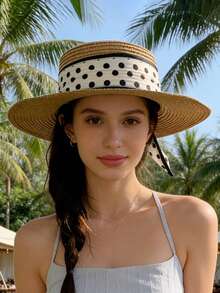 1pc Women's Summer Wide Brim Beach Hat, Polka Dot Ribbon Sun Hat, Straw Fedora Dome Bowler Hat, Suitable For Daily, Banquet, Party - MZ1638X - View 3