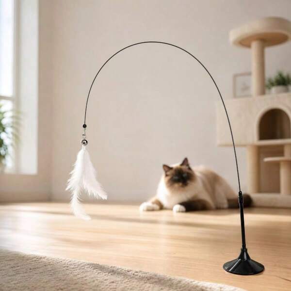 Suction Cup Cat Teaser Wand, Handheld Use. (Available In Regular Suction Cup And Strong Suction Cup Versions; For Better Grip, Strong Suction Cup Is Recommended.) Cat Toy, Boredom Relief Toy, Suction Cup Cat Toy, Puppy Toy, Bite-Resistant, Replaceable Suction Head, Specially Designed For Cats, Stimulates Instincts, Durable, Stable Base.