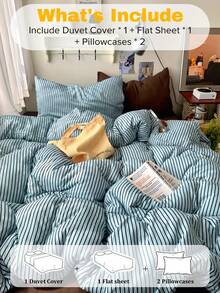 4件組美式復古小眾條紋床上用品套組，混搭風藍色調條紋，超柔軟親膚雙股紗滌綸，四季通用，包含1件被套、1件床單和2件枕套，不含被芯與枕芯 - 棕色 - 查看 5
