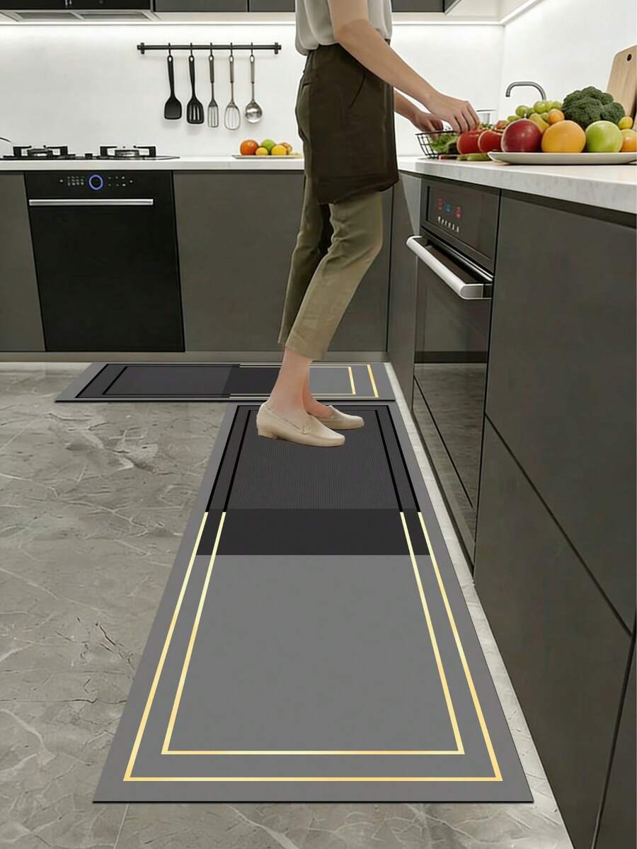 1pc Black Gold Rim Double Layer Frame Diatomaceous Earth Kitchen Mat, 3.5mm Rubber Anti-Slip Bottom, Water-Absorbent & Oil-Resistant, Cushioning & Anti-Fatigue, Dirt-Resistant Rug For Kitchen, Bathroom, Entryway, Living Room - Multicolor - View 1