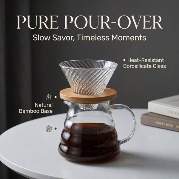 Heat-Resistant Glass Pour-Over Coffee Pot Set, Borosilicate Glass Coffee Pot With Bamboo Base, Manual Coffee Drip Brewer For Home And Office