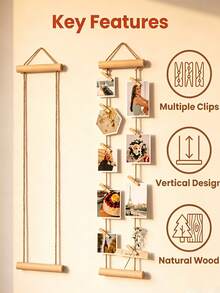 1/18pcs Wood Photo Hanging Rope With Wooden Clips, Multi-Photo Display Rack, No Drilling Required, Space-Saving For Dorm, Bedroom, Desk, And Wall Decoration - Multicolor - View 6
