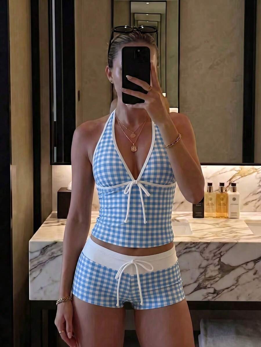 New Summer Fresh Sweet Cute Style Blue And White Plaid Halter Neck Bikini Set For Beach Vacation And Casual Wear - Multicolor - View 1