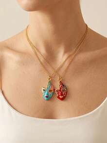 Stainless Steel Retro Floral Masquerade Mask Pendant, Gold-Plated Enamel Personalized Necklace - Gold - View 10