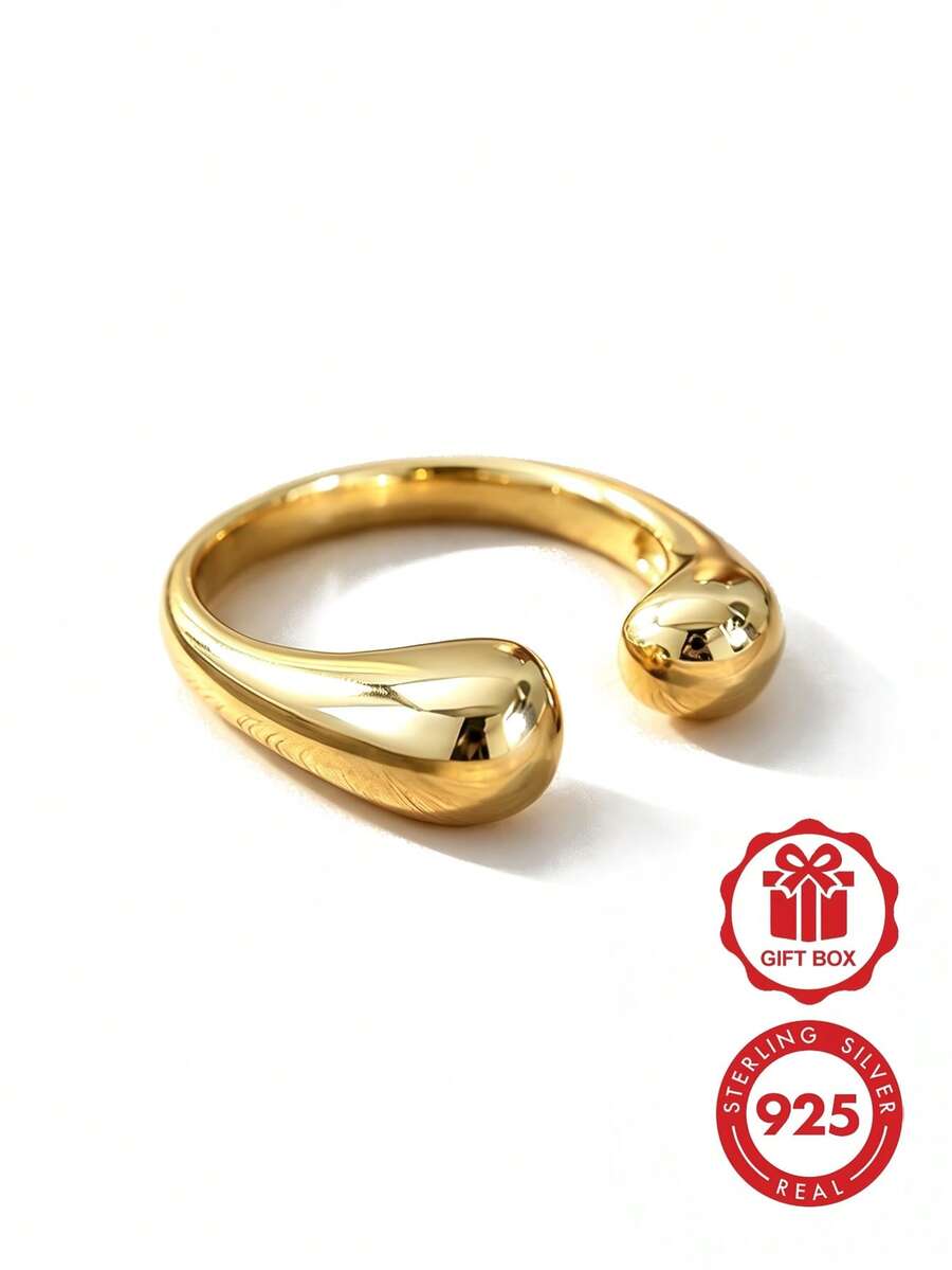 极简镀金厚开口戒指,时尚简约925纯银精致首饰,可调节尺寸,女童尺寸 - Chunky Opening Ring - 查看 1