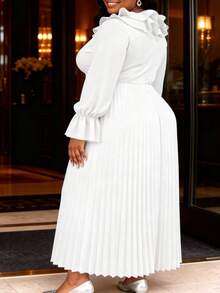 Plus Size Women's White Elegant Chiffon Pleated Ruffle Waist, Long Sleeve Dress, Graceful For Church Wedding Guest Party Evening Gown Fall - White - View 2