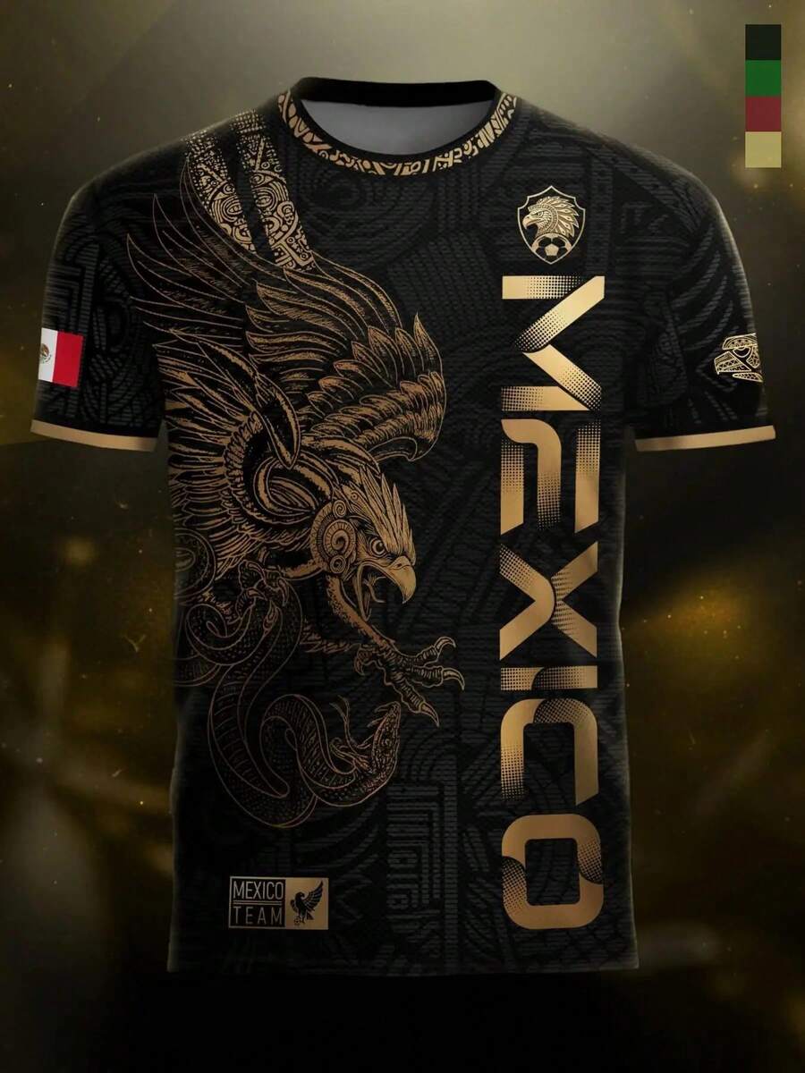 TIN "Mexico Golden Eagle" Football Shirt, Heritage Of The Warrior, Fitted And Casual Long-Sleeved Design, All-Over Print For All Seasons - 彩色 - 查看 1