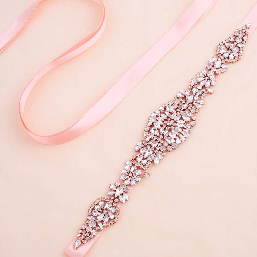 1pc Handmade Rhinestone Bridal Belt Women's Rhinestone Wedding Dress Accessory - Rose Gold Applique+Blush Ribbons - View 1