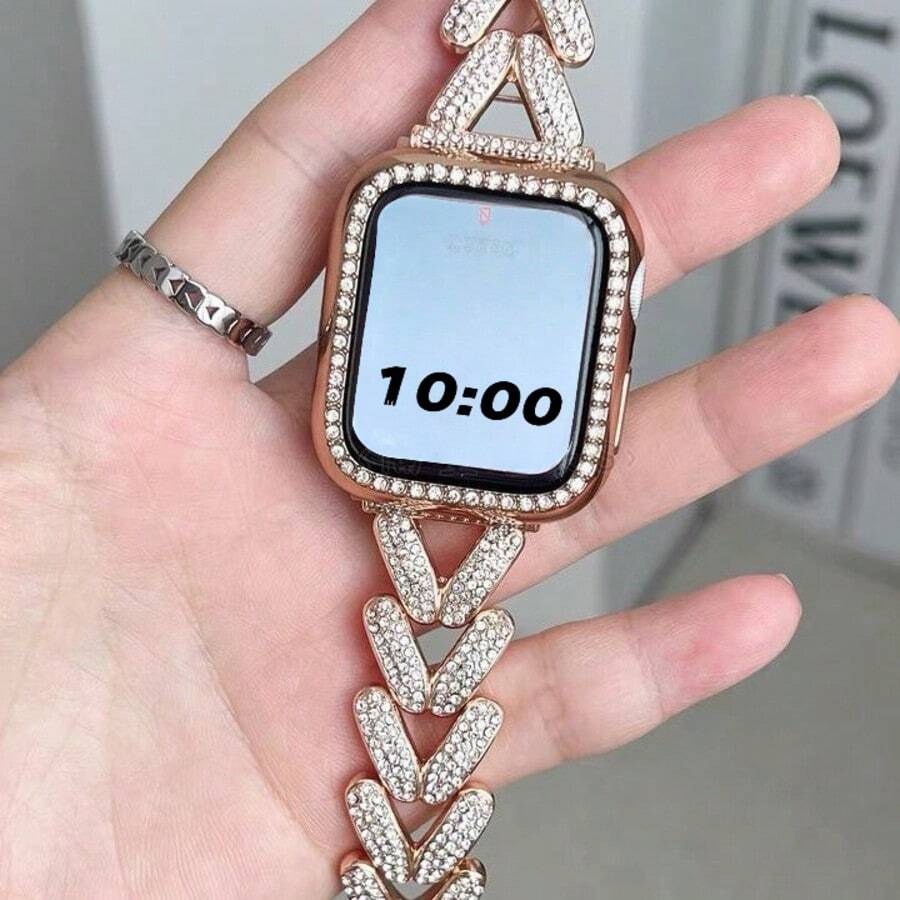 1PC Fashion Figure-Eight Rhinestone Inlaid Band, Women's Slim Bracelet Style Strap Compatible With Apple Watch Straps 38/40/41/42/44/45/46/49mm, Compatible With Series 11/10/9/8/7/SE/6/5/4/2/1, Strap Only, Watch Case Or Watch Not Included - Eight-character Full Diamond Rose Gold - View 1