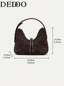 Dedoo Woven Handbag, Solid Color Pattern, Drawstring Design, Lightweight Large Capacity Bag, Bohemian Vacation Style, Beach Travel Summer Women's - Coffee - View 6
