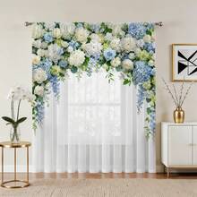 NOSBEI 1PC Light Blue White Hydrangea Rose Print Rod Pocket Curtain, Semi-Sheer Light Filtering Window Drape, Elegant Floral Arrangement For Bedroom Living Room Decor - Multicolor - View 10