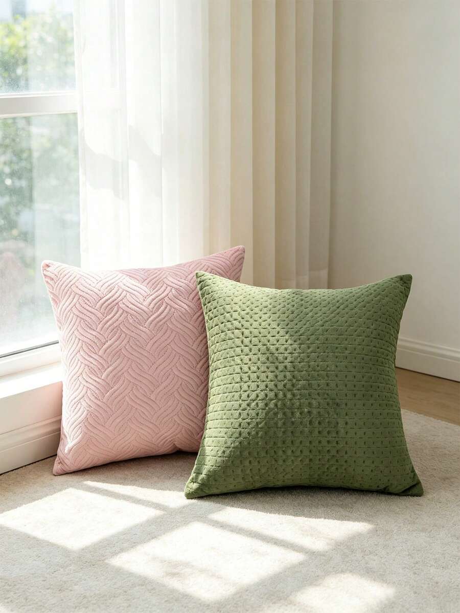 Quilted Velvet Throw Pillow Cover, Soft Plush Textured Decorative Cushion Case, Solid Color Wave & Dot Pattern Pillow Cover For Sofa Couch Bedroom, Cozy Home Decoration