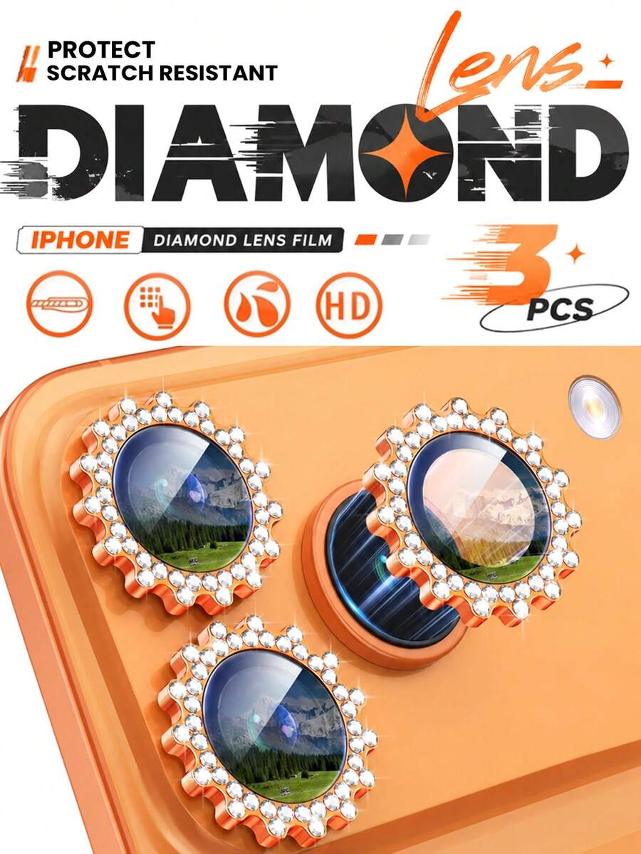 3pcs 17 Pro / 17 Pro Max Camera Lens Protector, Shiny Diamond Design, 9H Hardness Independent Metal Material, Anti-Scratch Camera Screen Protector, Fashion Accessory, Suitable For Phone Case (Orange) - Orange - View 1