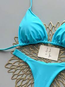 2Pcs Heart Beach Casual Cute Elegant Sexy Bohemian Braided Lace-Up Bikini Swimwear For Beach Vacation Spring Summer, Euro Summer - Baby Blue - View 5