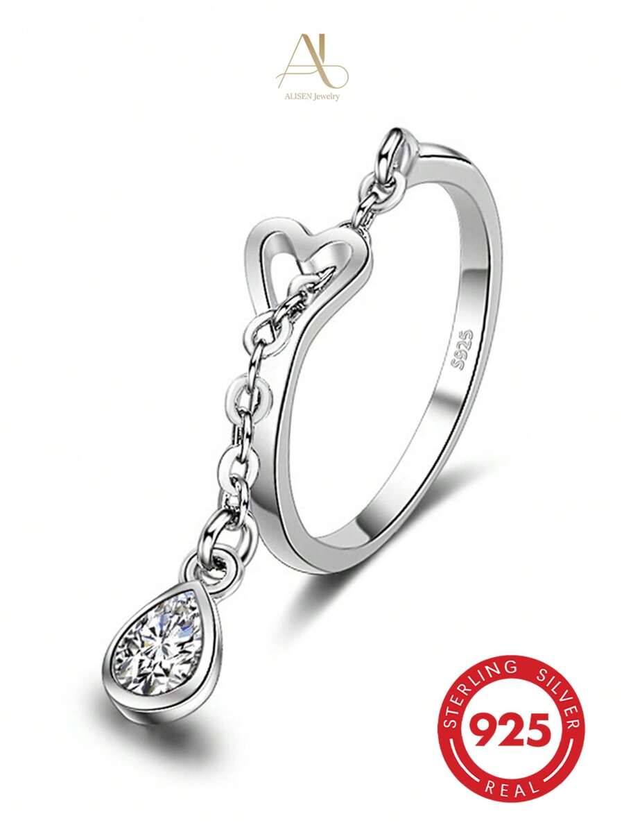 1pc Niche High-End 925 Sterling Silver Synthetic Zirconia Geometric Teardrop Tassel Open Ring, Suitable For Vacation, Party, Wedding