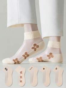 ZUJO 5雙裸色透明女款短襪，字母花朵愛心蝴蝶結圖案，舒適透氣，適合春、秋、夏季 - 查看 1