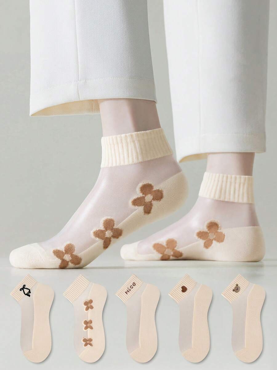 ZUJO 5雙裸色透明女款短襪,字母花朵愛心蝴蝶結圖案,舒適透氣,適合春、秋、夏季 - 查看 1