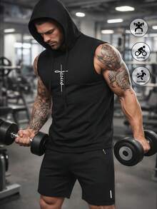 Men's Summer Lightweight Thin Mesh Breathable Quick-Dry Hooded Tank Top & Shorts Set, Sleeveless Sports Top For Outdoor, Home, Running, Workout - Black - View 2