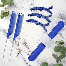 Juego de 17 herramientas para separar el cabello cuadradas, incluye 8 anillos para separar el cabello, 2 peines de cola de rata de metal, 6 pinzas para seccionar el cabello con soporte magntico - azul - Ver 7