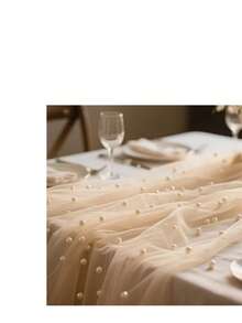 1pc Pearl White Mesh Fabric With Pearl Embellishments, Translucent Wedding Backdrop Curtain, Decorative For Wedding Dress, Wedding Party Decor, Photography Backdrop, Tablecloth, Table Runner, Banner, Gift Wrapping, Elegant Beaded Mesh Suitable For DIY Crafts, Ceremony Decor, Bridal Shower, Home Decor, Event Backdrop - White Pearl - View 24