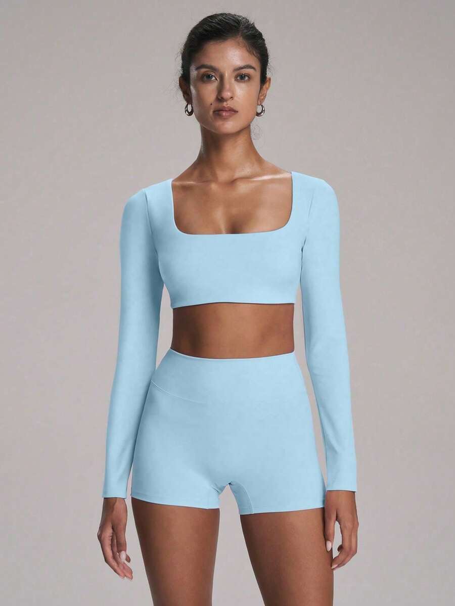 Stylish And Minimalist 2-Piece Sports Set For Women, Featuring A Versatile And Comfortable Long-Sleeved Top For Yoga, Outdoor Activities, And Running. - 藍色的 - 查看 1