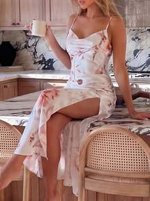 French Romantic Style Pink And White Floral Camisole Nightgown, Perfect For Loungewear And Pajamas - Multicolor - View 5