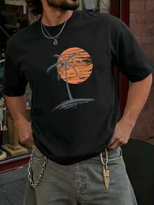 Herren-T-Shirt Mit Palmen-Sonnenuntergangsmotiv, 100 % Baumwolle, Rundhalsausschnitt, Bequeme Passform, Auff?Lliger Print - 黑色 - 查看 1