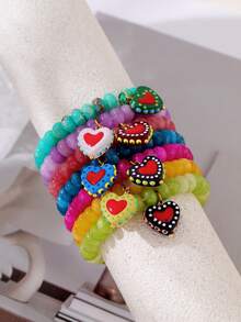 1pc Bohemian Flirty Style Y2K Creative Fashion Elegant Exquisite Gorgeous Minimalist Dopamine Color Natural Stone Beaded Resin Colorful Heart Pendant Elastic Bracelet For Women Sisters Couples Prom/Graduation Jewelry Gift, Suitable For Daily Wear, Dating, Party, Holiday, Summer Beach Vacation (Bead Color Random) - Hand Strap - View 5