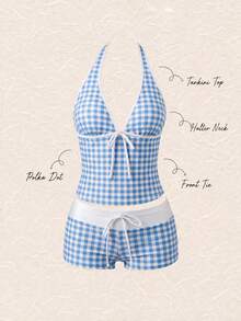 New Summer Fresh Sweet Cute Style Blue And White Plaid Halter Neck Bikini Set For Beach Vacation And Casual Wear - Multicolor - View 2