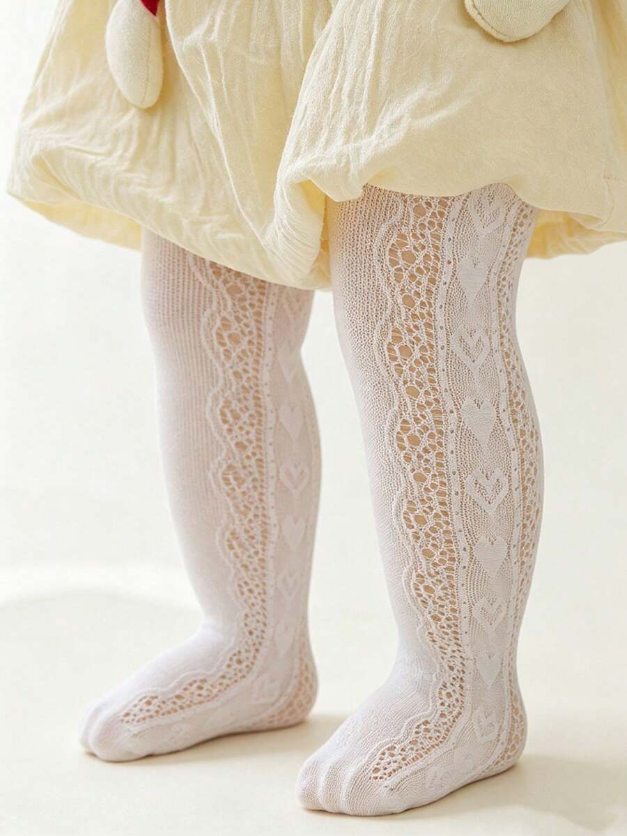 1 Pair Infant Girls' Princess Heart Shaped Hollow Out Mesh Breathable & Comfortable Tights, Suitable For Daily Wear Or Party Outfits - White - View 1