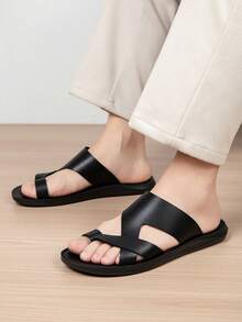 New Men's Versatile Toe-Post Cross-Strap Slide Sandals For Daily Beach Casual Wear - All Black - View 7