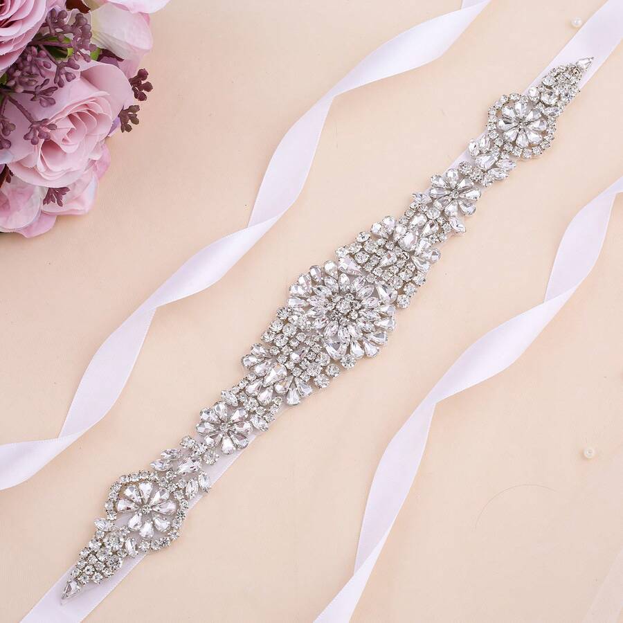1pc Handmade Rhinestone Bridal Belt Women's Rhinestone Wedding Dress Accessory - Silver Applique + White Ribbons - View 1