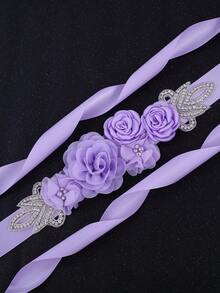 1pc Romantic Fabric Flower Handmade Rhinestone Bridal Waist Belt Wedding Dress Decoration Maternity Photo Accessory - Lavender - View 2