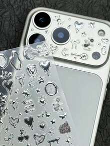 1pc Sweet Cool Y2K Style Gold/Silver Laser Engraved Butterfly Heart Moon Bow Clock Lens Sticker, Blending Star Sparkle, Flower And Asymmetric Border Elements, DIY Phone Lens Film - A - View 1