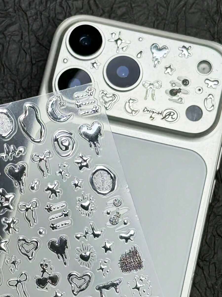1pc Sweet Cool Y2K Style Gold/Silver Laser Engraved Butterfly Heart Moon Bow Clock Lens Sticker, Blending Star Sparkle, Flower And Asymmetric Border Elements, DIY Phone Lens Film - A - View 1